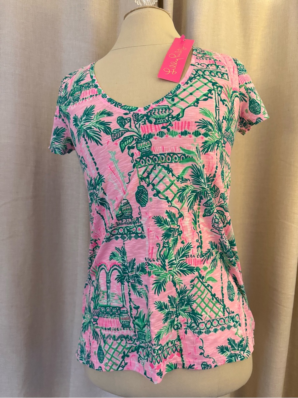 Lilly Pulitzer Pink & Green Palm-Print Scoop Neck Tee